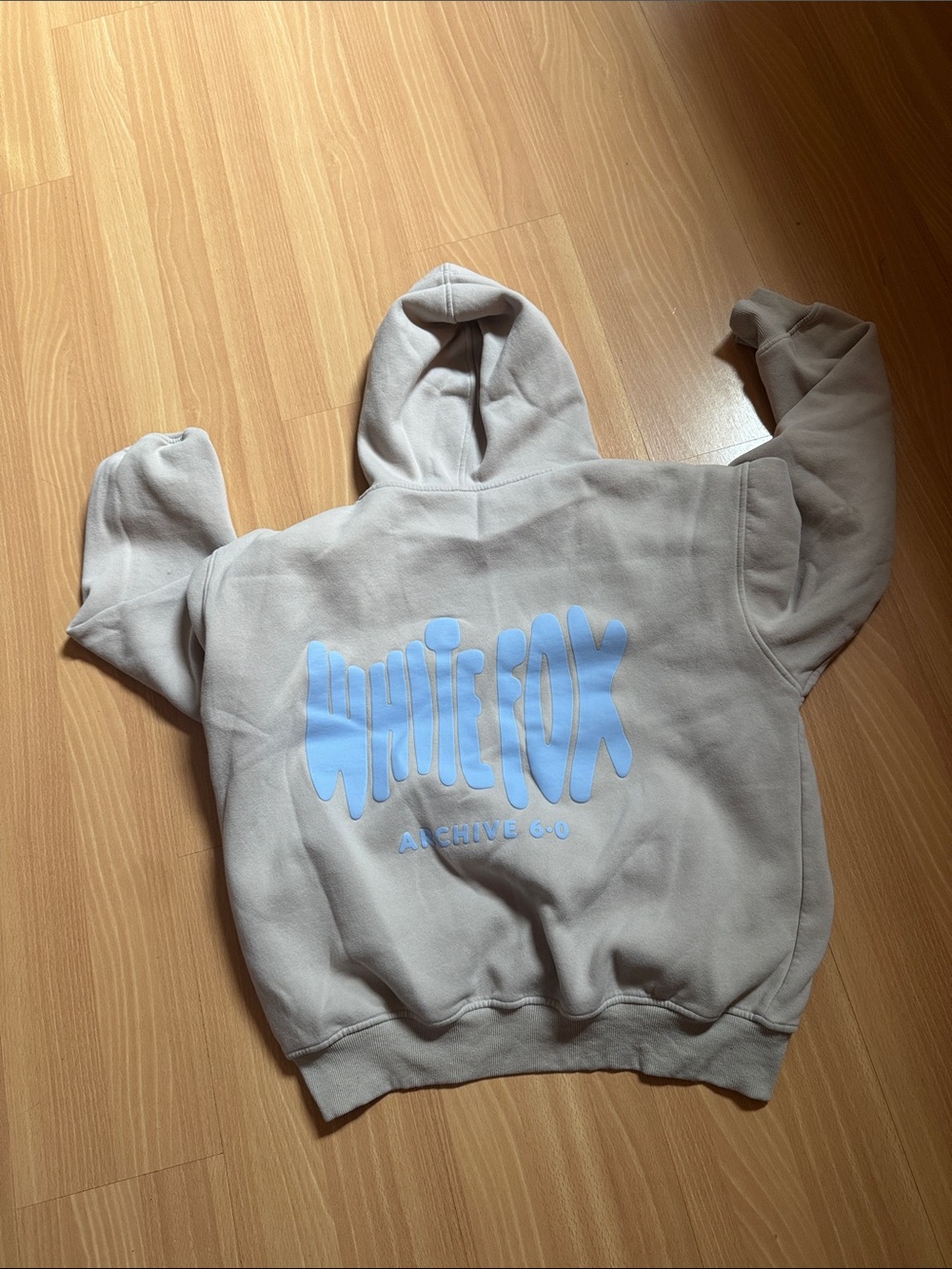 White Fox Boutique Crewneck Hoodie - Light Beige with Sky Blue Logo
